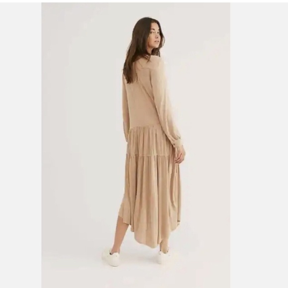 Free People Beach Jilly Midi Maxi Dress  Size M  Tan beige oversized linen - Picture 2 of 9